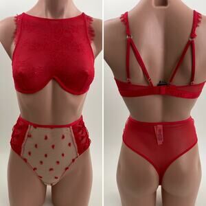 Victoria's Secret Underwire Bralette Bra 32C Thong XS Red Set NWT